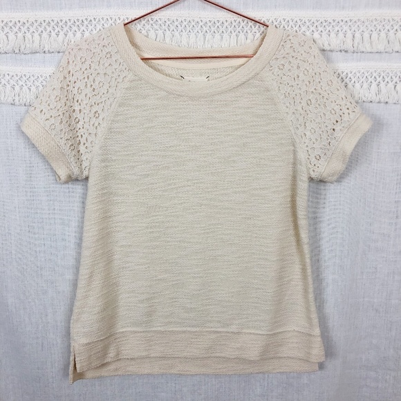 Lou & Grey | Cream Hint of Lace Short Sleeve Sweatshirt | Size Small - Picture 1 of 8